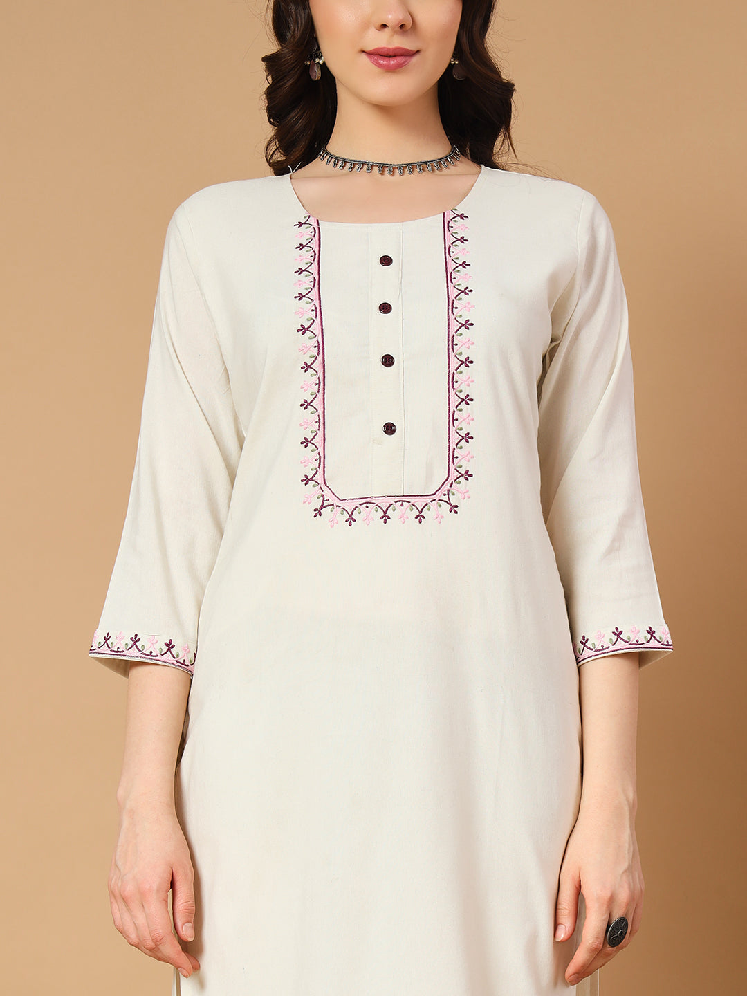 Ivory & Khadi Cotton Thread Embroidered Kurta Pant & Dupatta Set for Women