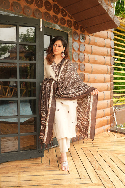 Women's  Cotton Embroidered Kurta with Pant & Dupatta