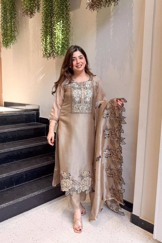Beige Jimmy Choo Embroidered Cut Work Kurta With Pant & Dupatta Set
