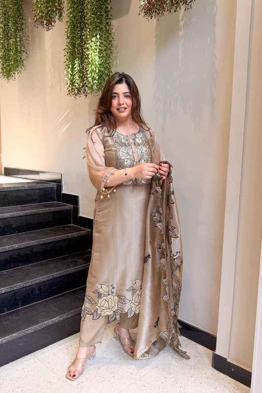 Beige Jimmy Choo Embroidered Cut Work Kurta With Pant & Dupatta Set