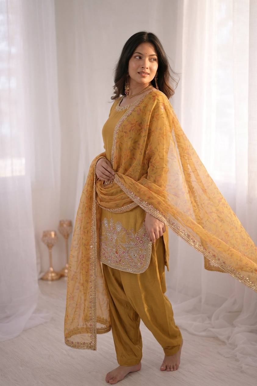 Women's  French Crepe Silk Farshi Suit Set with Digital Print Dupatta