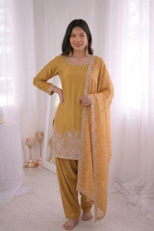 Women's  French Crepe Silk Farshi Suit Set with Digital Print Dupatta