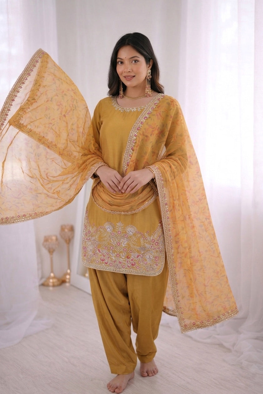 Women's  French Crepe Silk Farshi Suit Set with Digital Print Dupatta