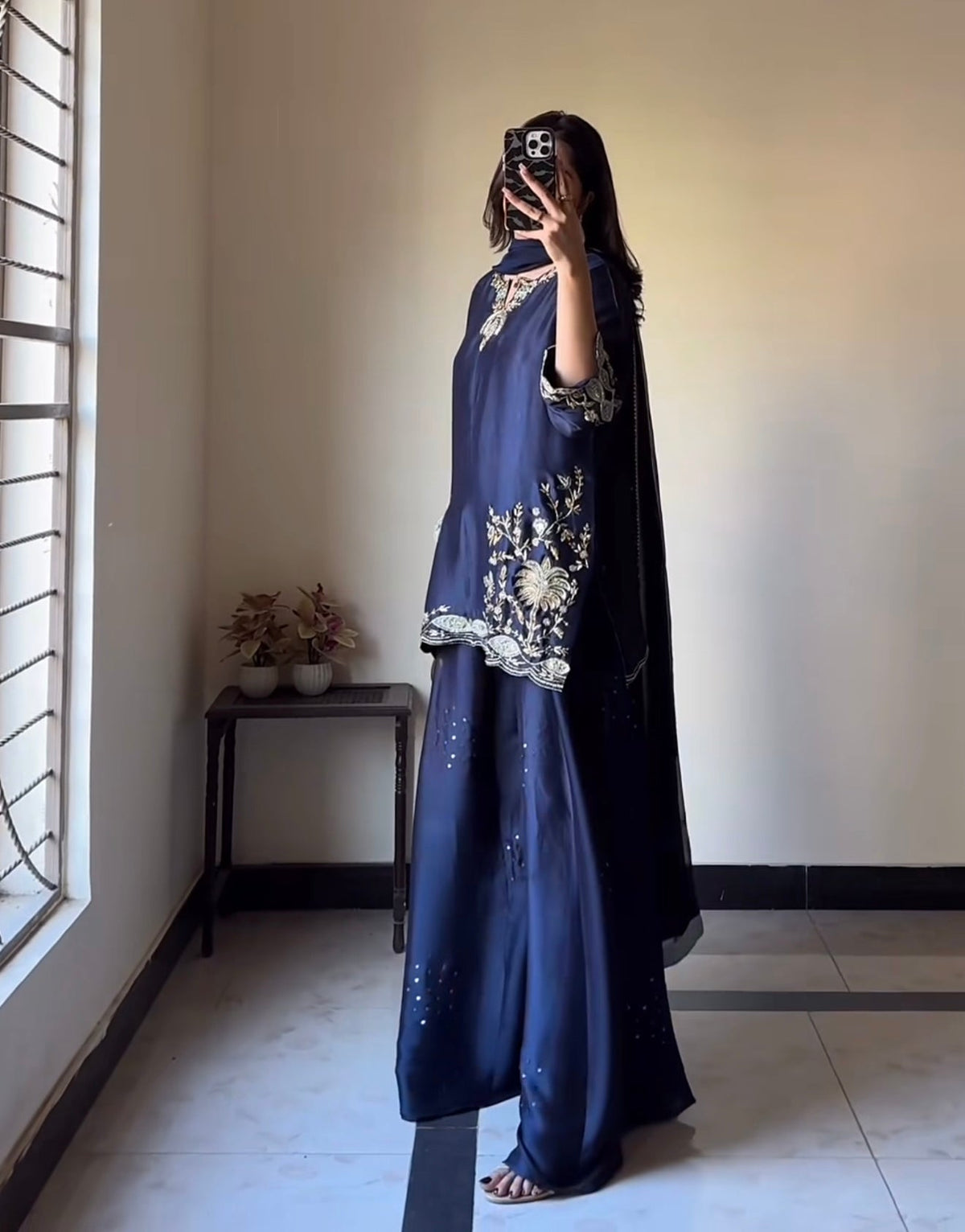 Heavy Crepe Silk Embroidered Kurta Sharara Dupatta Set for Women