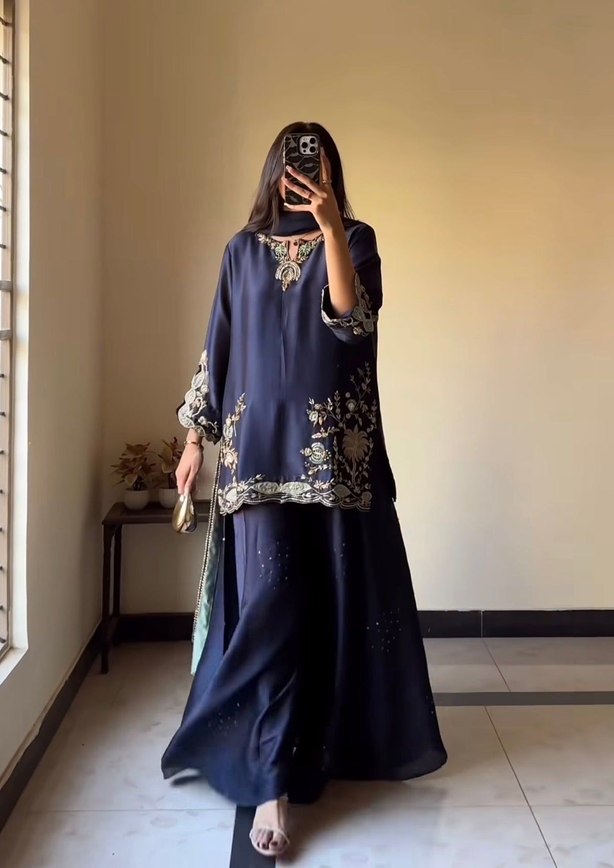 Heavy Crepe Silk Embroidered Kurta Sharara Dupatta Set for Women