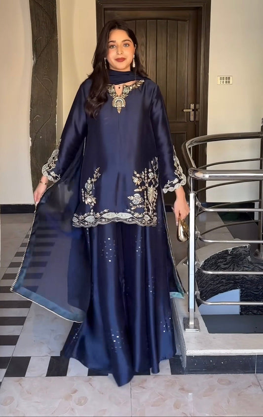 Heavy Crepe Silk Embroidered Kurta Sharara Dupatta Set for Women