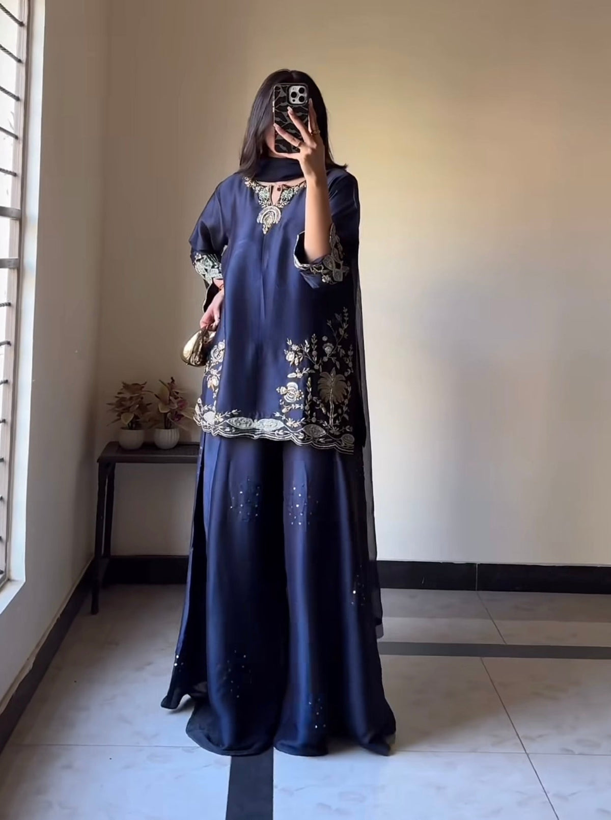 Heavy Crepe Silk Embroidered Kurta Sharara Dupatta Set for Women