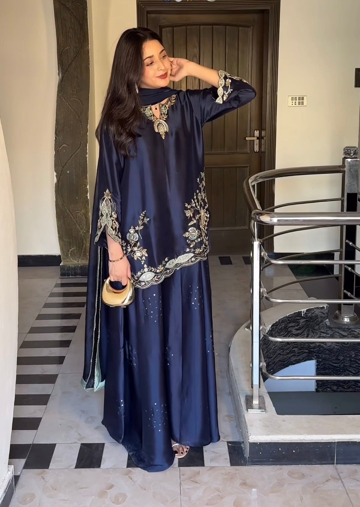 Heavy Crepe Silk Embroidered Kurta Sharara Dupatta Set for Women