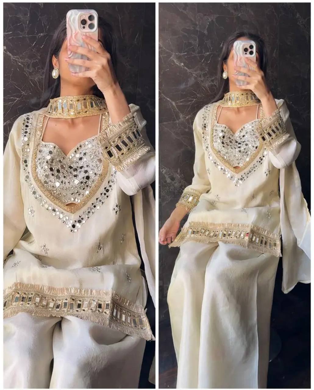 Fendy Silk Real Mirror Work Designer Sharara Set for Women