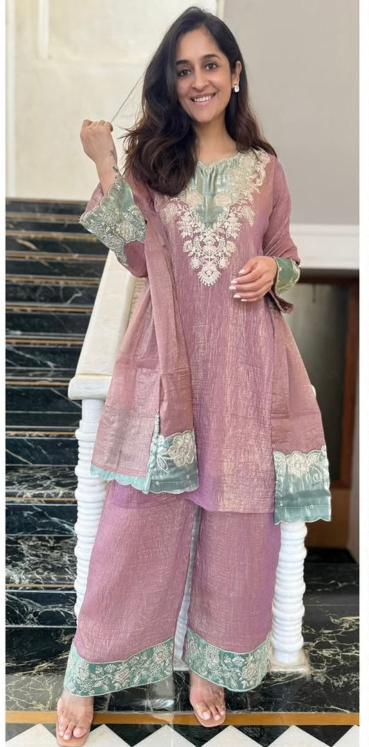 Mauve Crunchy Silk Embroidered Kurta Palazzo Dupatta Set for Women