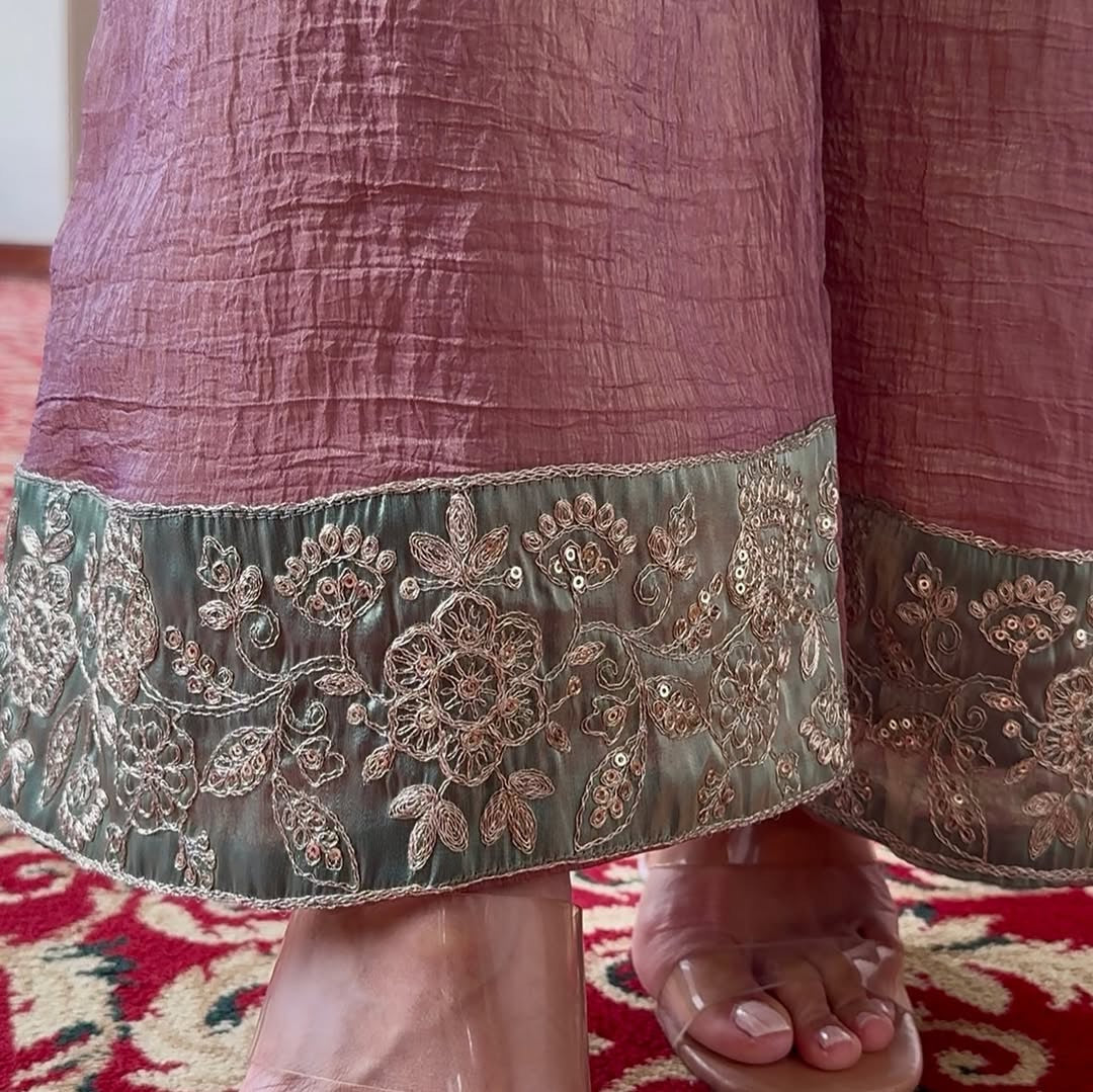Mauve Crunchy Silk Embroidered Kurta Palazzo Dupatta Set for Women