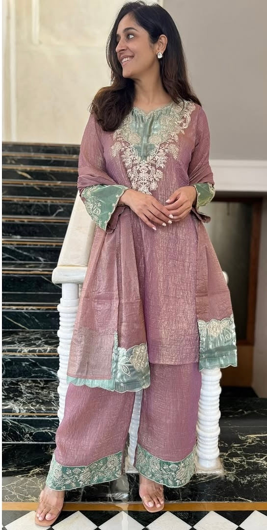 Mauve Crunchy Silk Embroidered Kurta Palazzo Dupatta Set for Women