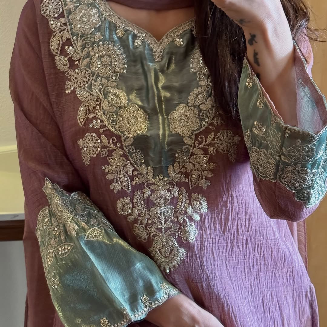 Mauve Crunchy Silk Embroidered Kurta Palazzo Dupatta Set for Women