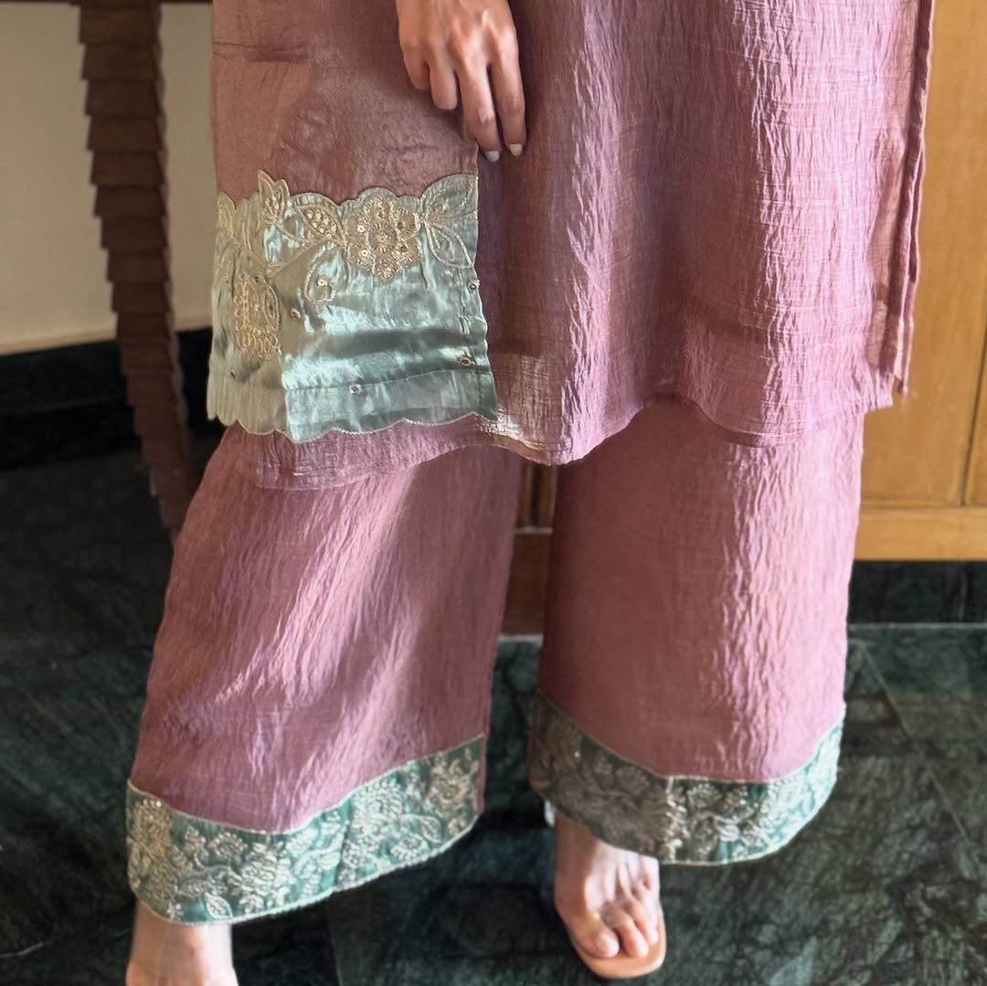 Mauve Crunchy Silk Embroidered Kurta Palazzo Dupatta Set for Women