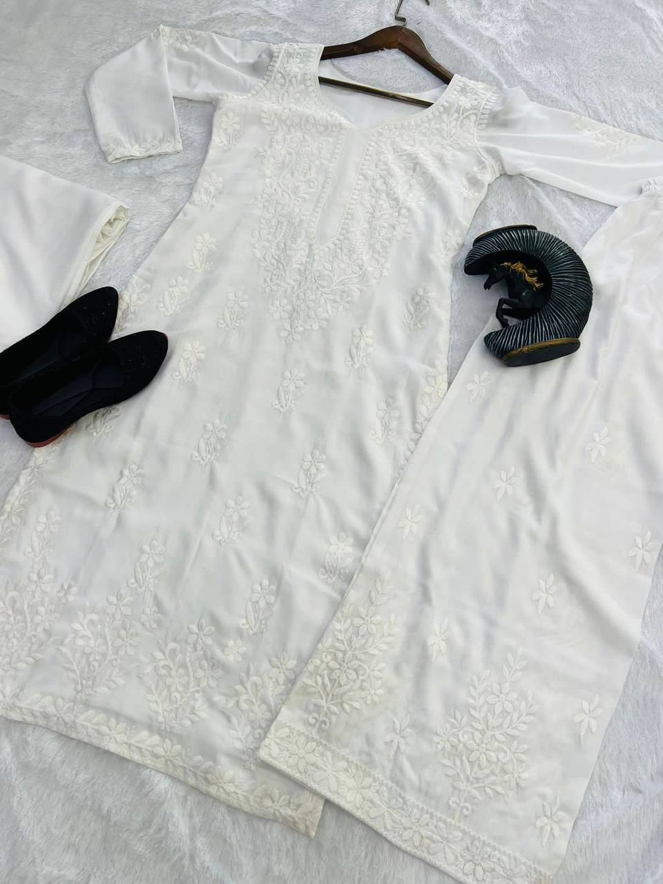 Premium  Maslin Embroidered Kurti Set with Palazzo & Dupatta for Women