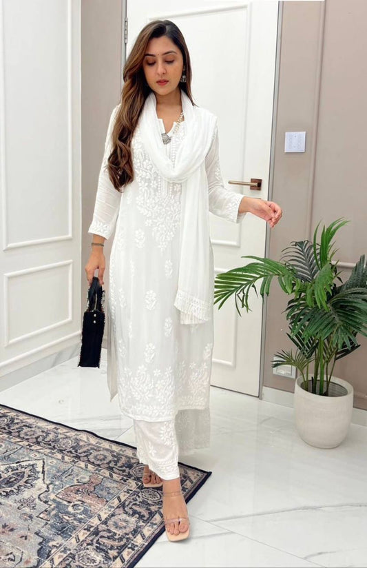 Premium  Maslin Embroidered Kurti Set with Palazzo & Dupatta for Women