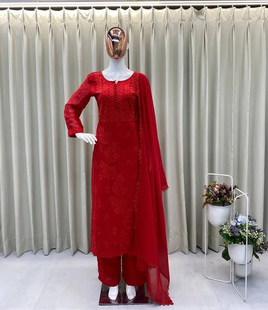 Chikankari Embroidered Kurta Palazzo Set with Dupatta for Women