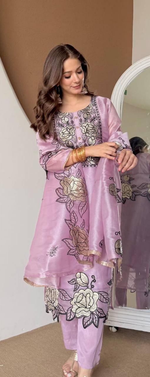 Rose Jimmy Choo Embroidered Cut Work Kurta Pant Dupatta Set for Women