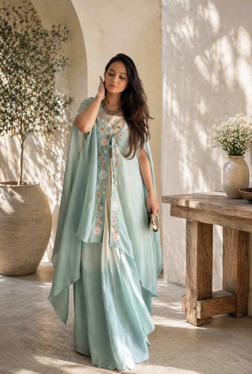 Banglory Silk Embroidered Lehenga, Blouse & Shrug Set for Women