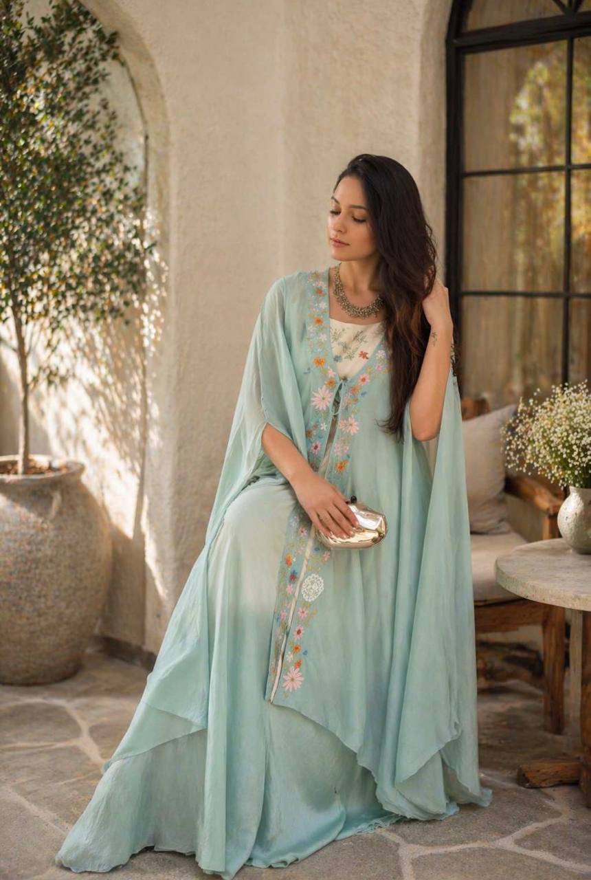 Banglory Silk Embroidered Lehenga, Blouse & Shrug Set for Women