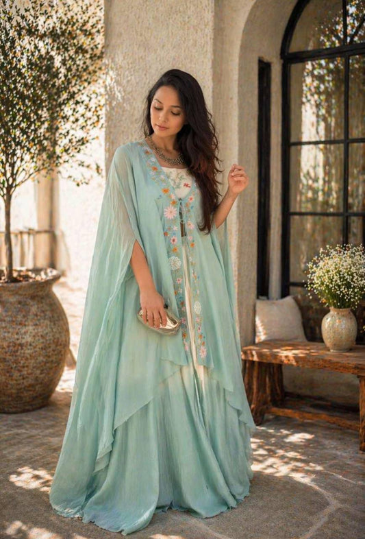 Banglory Silk Embroidered Lehenga, Blouse & Shrug Set for Women