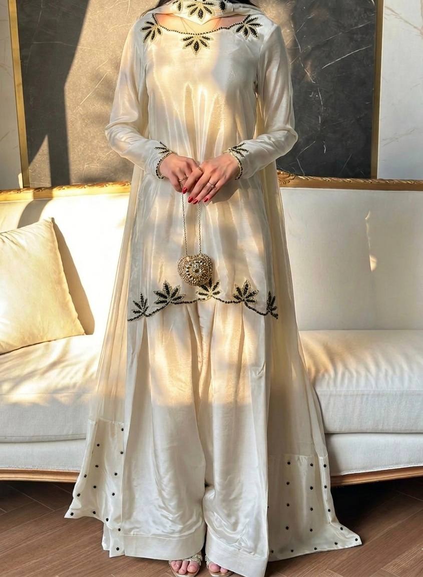 Crepe Embroidered Kurta with Farsi Salwar & Dupatta Set for Women