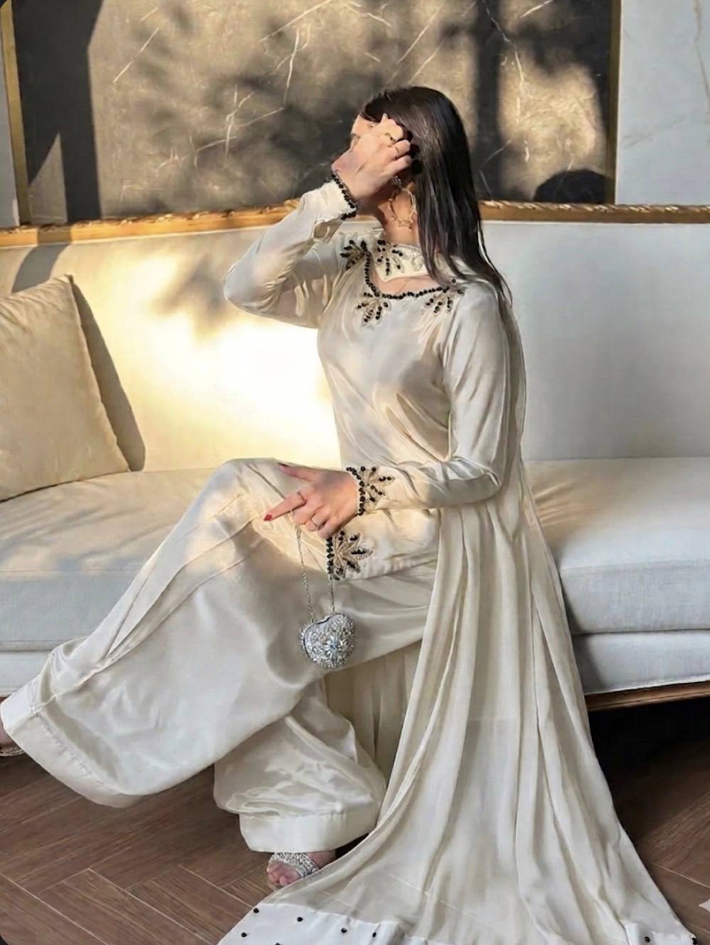 Crepe Embroidered Kurta with Farsi Salwar & Dupatta Set for Women