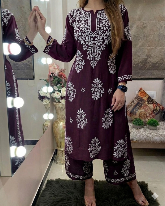 Rayon Cotton Chikankari Embroidered Kurta Palazzo Set for Women