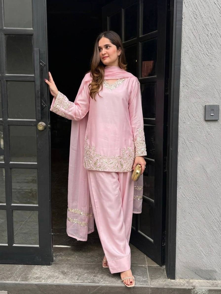 Embroidered Sequence Kurta Farshi Pant Dupatta Set for Women