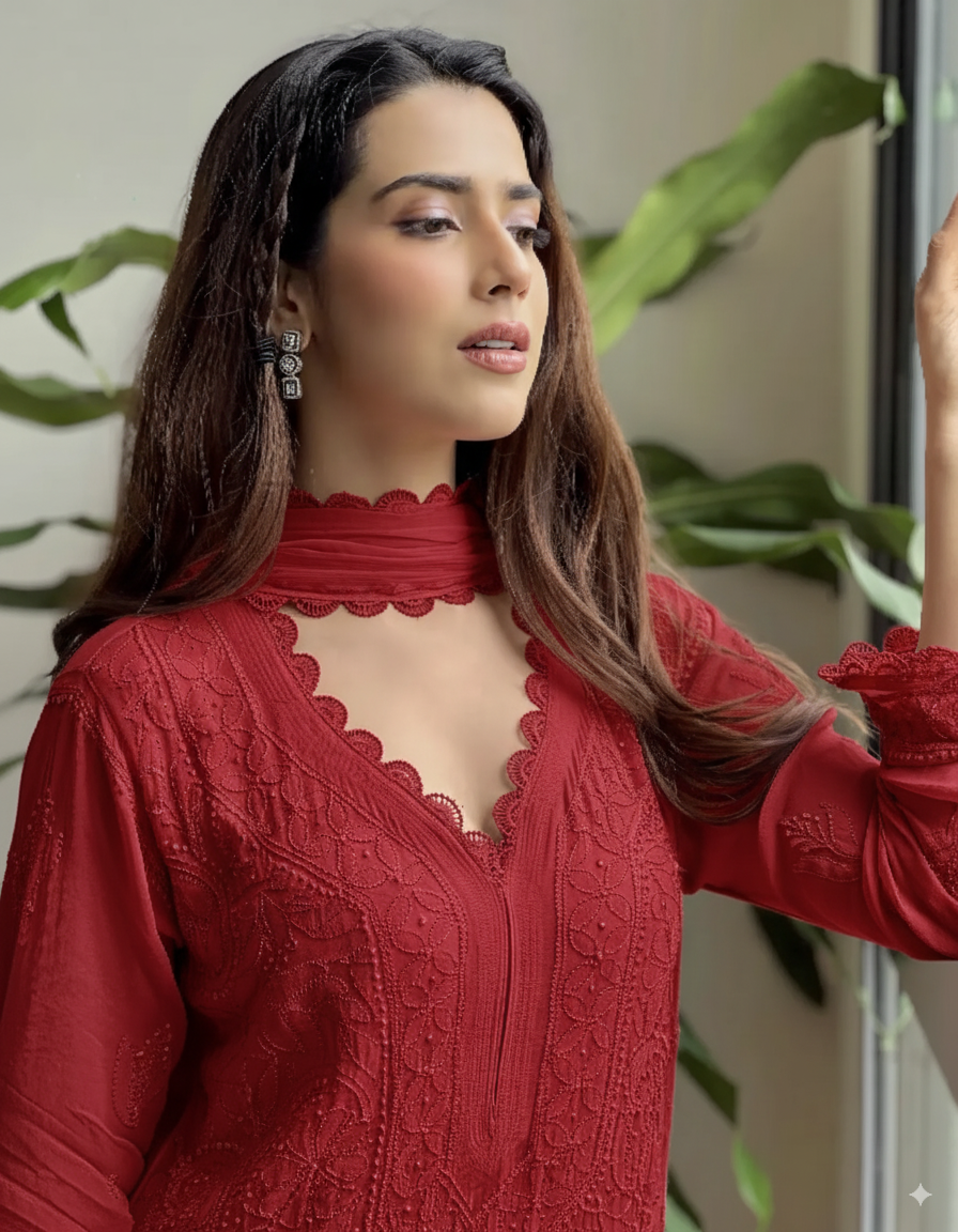 Georgette Chikankari Embroidered Kurta Pant & Dupatta Set for Women