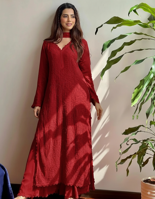 Georgette Chikankari Embroidered Kurta Pant & Dupatta Set for Women