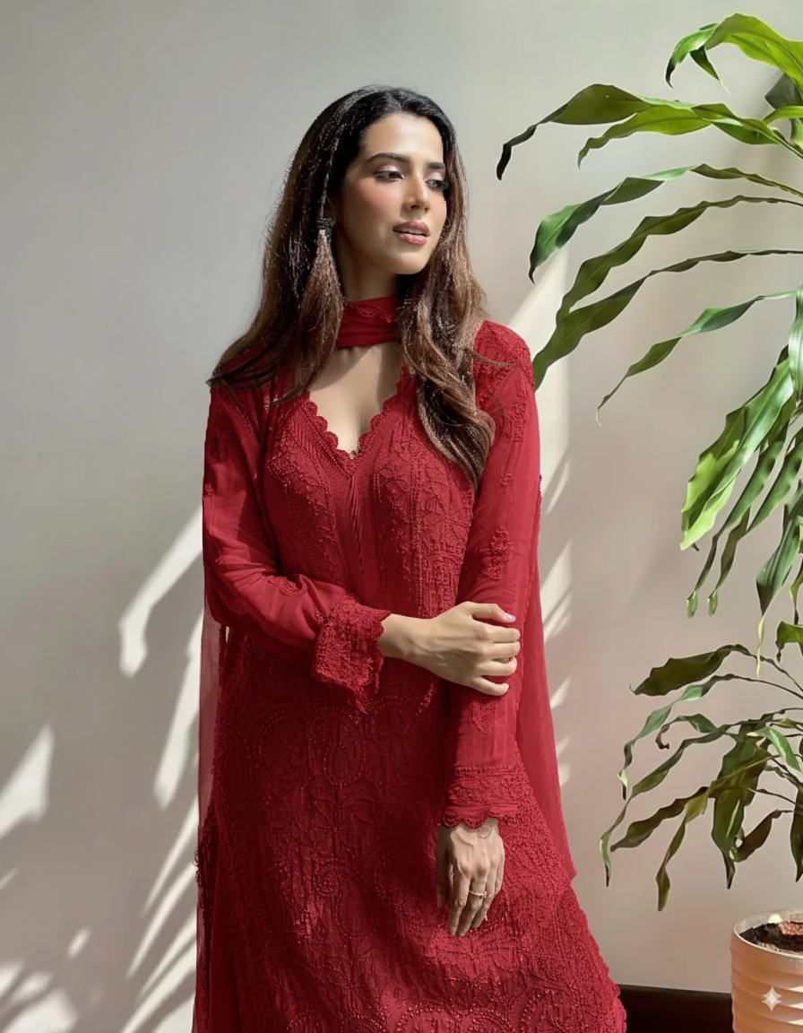 Georgette Chikankari Embroidered Kurta Pant & Dupatta Set for Women