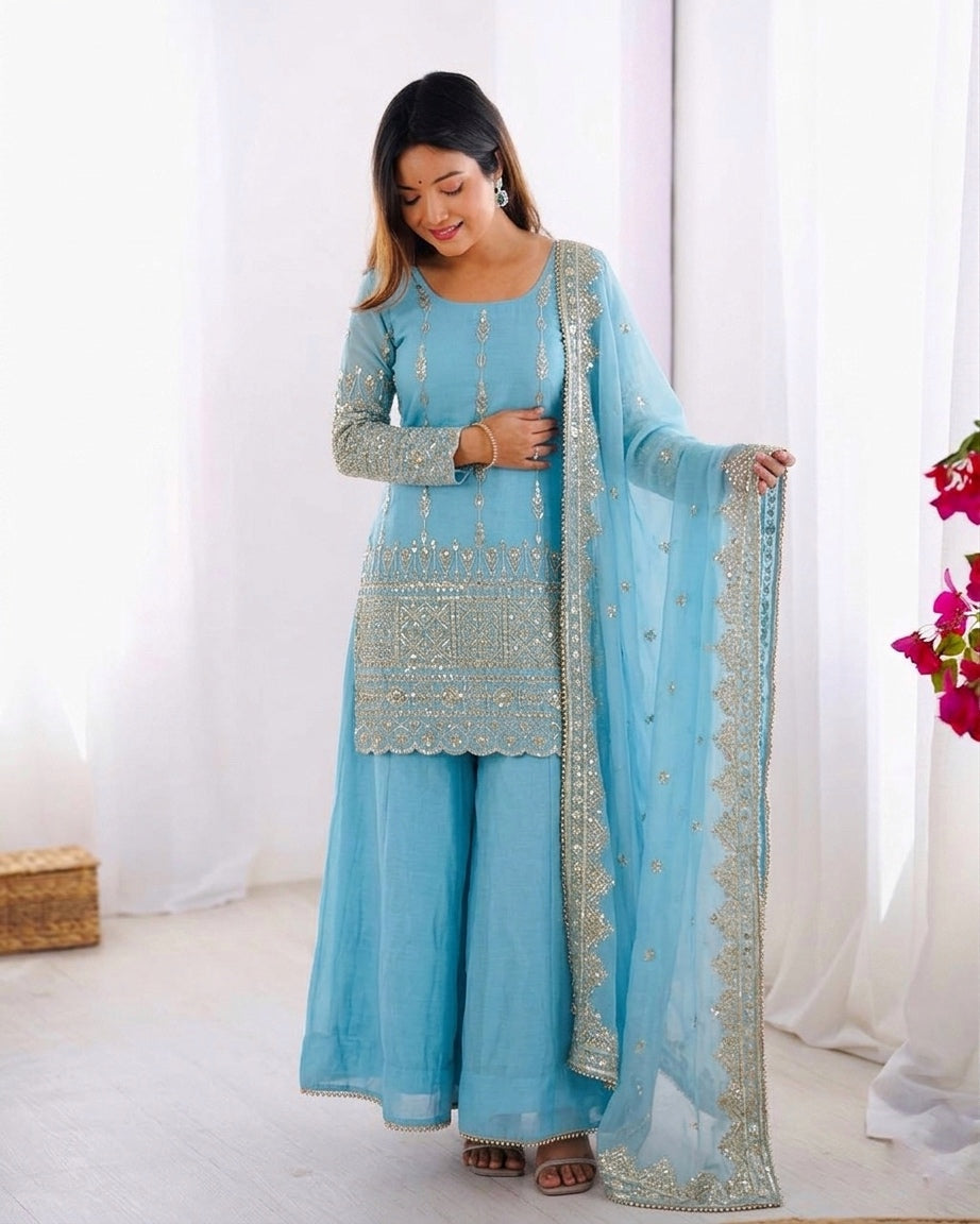 Vichitra Silk Embroidered Designer Sharara Set for Women