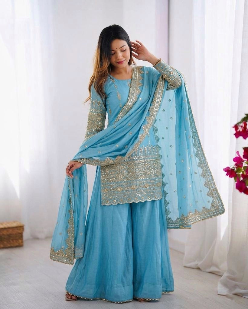 Vichitra Silk Embroidered Designer Sharara Set for Women