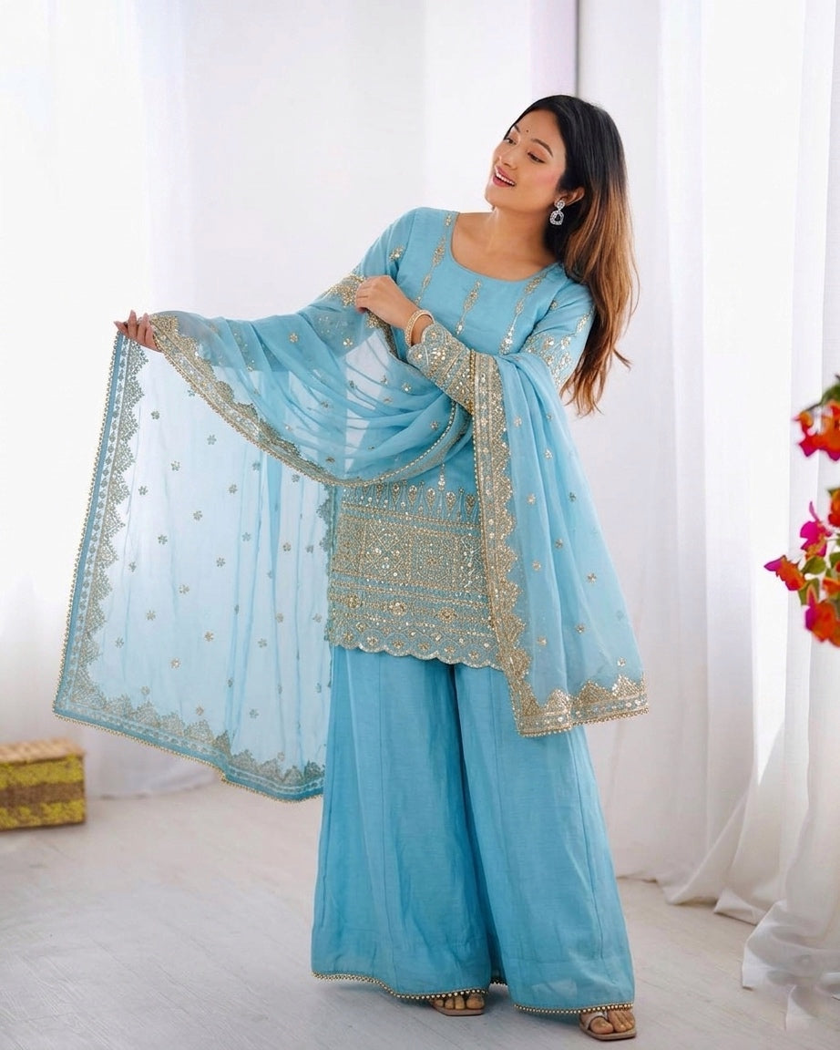 Vichitra Silk Embroidered Designer Sharara Set for Women